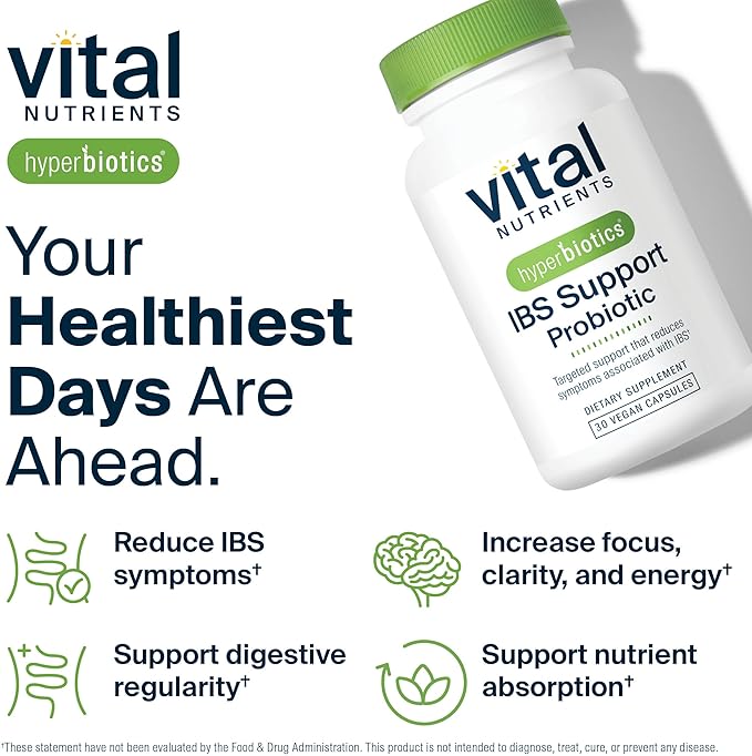 Hyperbiotics Vital Nutrients IBS Probiotic | Reduce Symptoms of IBS* | Clinically Studied Vegan probiotic for IBS Relief from Bloating Gas Diarrhea &amp Abdominal Discomfort* | 30 Capsules