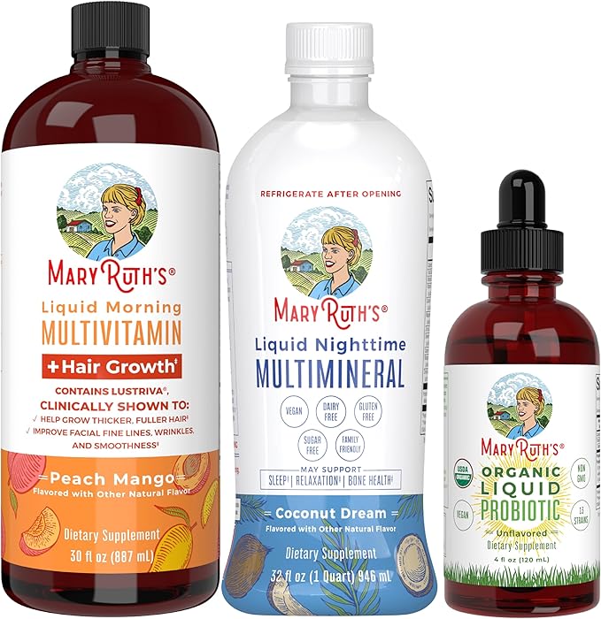 MaryRuth's Morning Multivitamin +Hair Growth (Peach Mango 30oz) Nighttime Multimineral (Coconut 32oz) &amp Probiotic Drops (4oz) | Vegan Vitamins for Beauty Bedtime Routine &amp Wellness | Non-