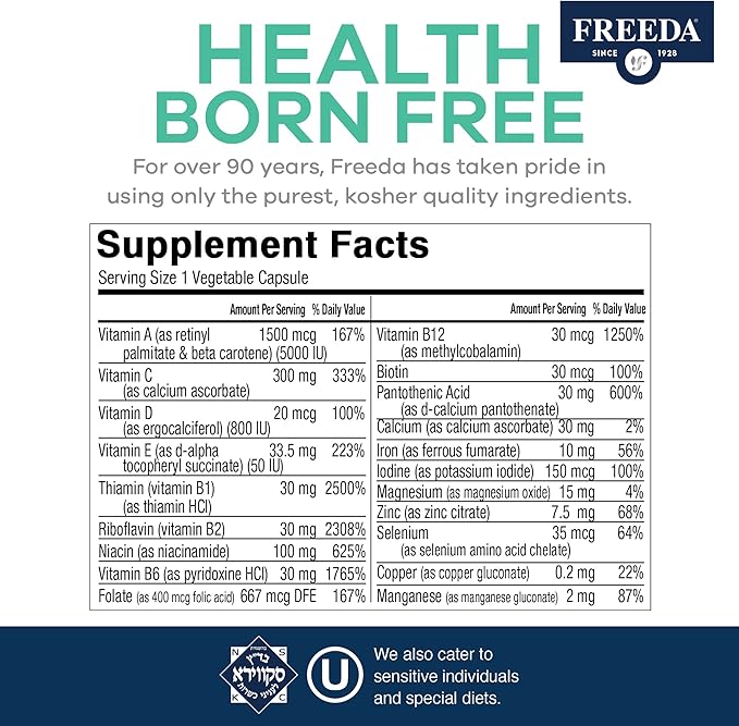 FREEDA Multivitamin One Daily – Quintabs-M with Iron – Kosher Multi Vitamins Supplements for Women Health - Multivitamins for Women &amp Iron-Deficient Men Adult Vitamins Multivitamin (250)