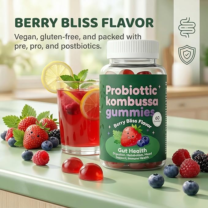 Kombucha Gummies Support Gut Health Prebiotics Probiotics Postbiotics Blend Sugar Conscious Easy to Take Digestive Support 60 Gummies (1pcs)