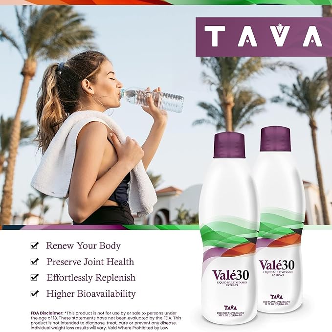 TAVA Valé30 - Liquid Multivitamin - 30-Day Supplement with Vitamin A and B Complex for Men Women and Family Daily Boost Drink - 2 Bottles