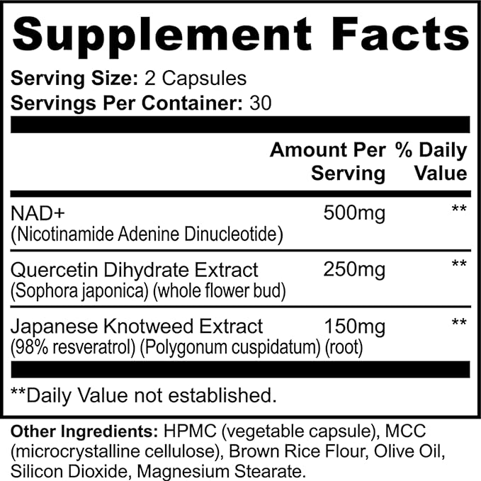 NAD+ Supplement – Cellular Energy Booster &amp Anti Aging Support Brain Focus &amp Metabolism Support Mitochondrial Health Non-GMO Vegan Capsules Resveratrol 60 Count