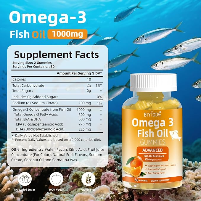 Omega-3 Fish Oil Supplements: Pure 1000mg Omega-3 Gummies Support Heart Joint Eye Brain Immune Health 60 Gummies 30 Day Supply