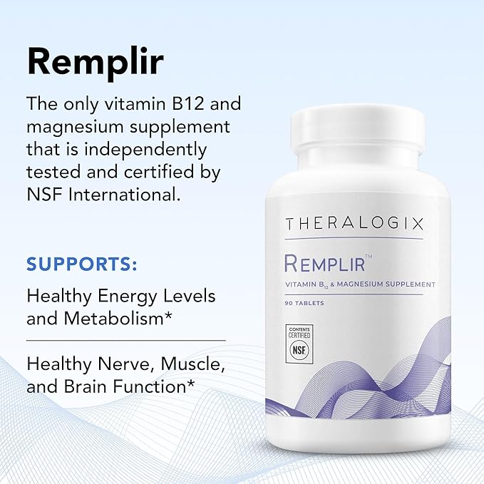 Theralogix Remplir Nutritional Supplement - 90-Day Supply - B12 Vitamin &amp Chelated Magnesium Supplement - Supports Heart Health Bone Health &amp More - NSF Certified - 90 Tablets