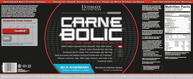 Ultimate Nutrition Carnebolic Hydrolyzed Beef Protein Isolate Powder-Paleo and Keto Friendly-Zero Carbs Zero Fat Zero Sugar or Soy Gluten and Lactose-Free Blue Raspberry 60 Servings