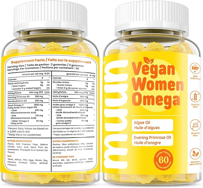 Women Vegan Omega 3-6-7 Gummies (60 ct) 1000mg Algae Oil DHA EPA Sea Buckthorn Evening Primrose Oil No Added Sugar Supplement Fish Oil Alternative for Adults