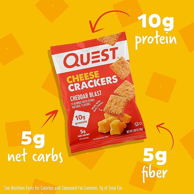 Quest Nutrition Mini Chocolate Chip Cookie Dough Protein Bars High Protein Low Carb &amp Cheese Crackers Cheddar Blast High Protein Low Carb Made with Real Cheese