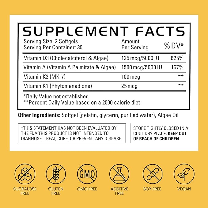 Gains in Bulk D3 K2 Supplement Vitamin D3 5000 IU Vitamin K2 100 Mcg Vitamin A 5000 IU Algae Oil with Omega 3 Wellness Support for Men &amp Women Gluten Free Vegan Non GMO 60 Softgels