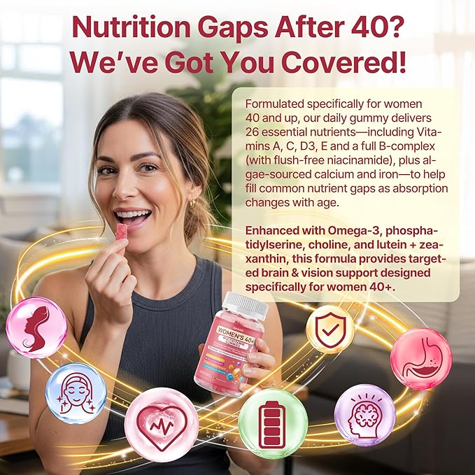 Multivitamin for Women Gummies for 40+ with Omega-3 Phosphatidylserine B-Complex Lutein Algae Calcium + Vitamin D3 for Brain Eye Energy Immune &amp Bone Support* – Vegan Sugar Free 120 Cts