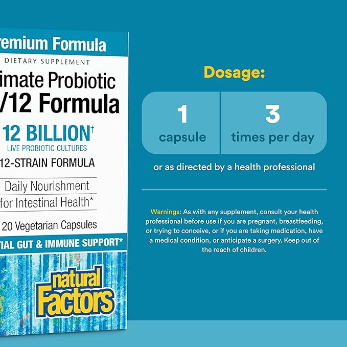 Natural Factors Ultimate Probiotic 12/12 Formula - Digestive Health Support Supplement with Probiotics - Immunity &amp Gut Health Support Supplement - 120 Vegetarian Capsules (120 Servings)