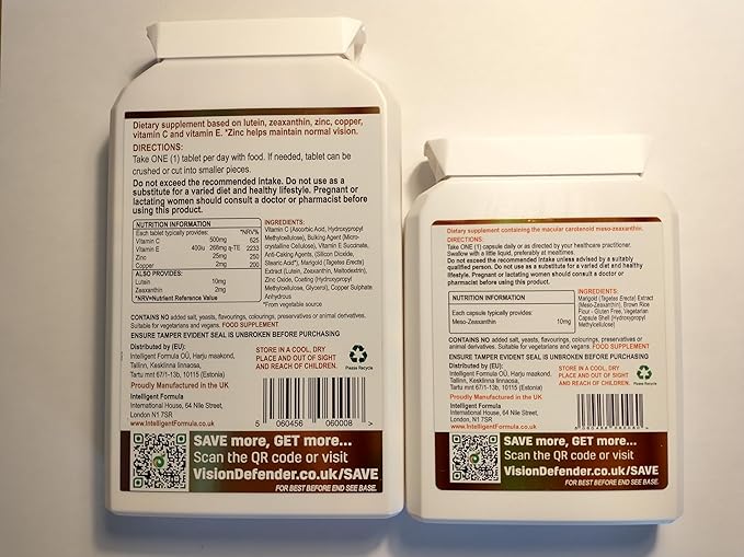 Vision Defender AMD and Vision Defender MZ Macula Health Bundle - AREDS2 Formula Boosted by Optimum High Strength Meso-Zeaxanthin Vegan Health Supplement (90 Days Supply)