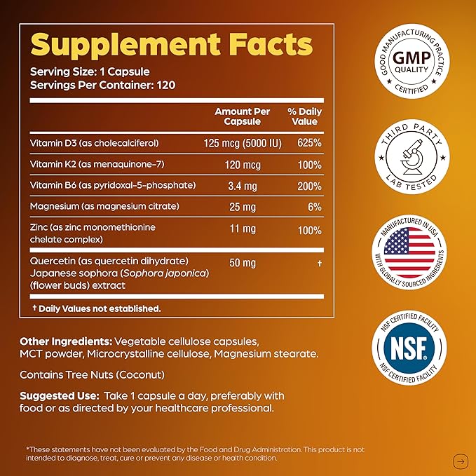 Sandhu's Vitamin D3 K2 &amp Magnesium Glycinate with Quercetin Capsules | Supports Quality Sleep Relaxation Immune Muscle Health &amp Energy