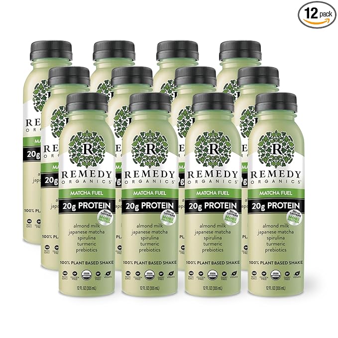 Remedy Organics Matcha Fuel 12-Pack | Plant Based 20g Protein Shakes Ready to Drink | USDA Organic Gluten Free Dairy Free Soy Free