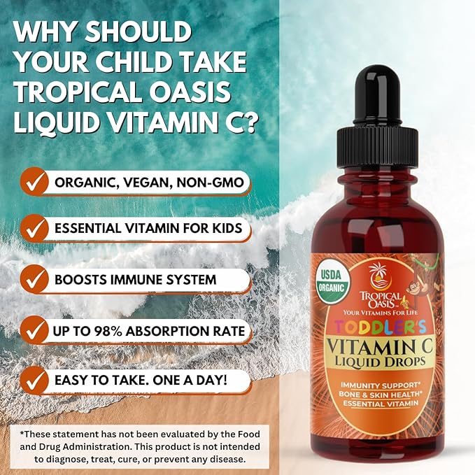 USDA Organic Toddler Vitamin C Drops | Organic Vitamin C Liquid Drops for Toddlers &amp Babies Ages 1-3 Years | Supports Healthy Immune System | Vegan | Non-GMO | Gluten Free | 60 Servings