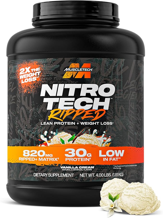 Muscletech Whey Protein Powder (Vanilla Cream 4LB) - Nitro-Tech Ripped Whey Protein Isolate &amp Peptides Smoothie Mix for Lean Muscle &amp Fast Recovery - 30g of Whey Protein for Women &amp Men