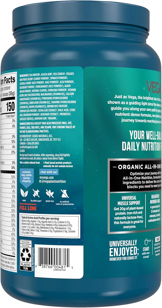 Vega All in One Nutrition Organic - 20g Plant-Based Pea Protein Berry 20 Servings Vitamins A &amp C Probiotics Greens Vegan Keto Gluten Free 24.3oz (Packaging May Vary)