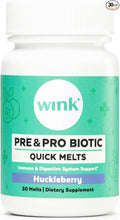 Wink Well Prebiotics and Probiotics Immune System Booster Dietary Supplement for Digestive Health Bloating Relief and Support- for Kids and Adults (Huckleberry Flavor 30 Melts)