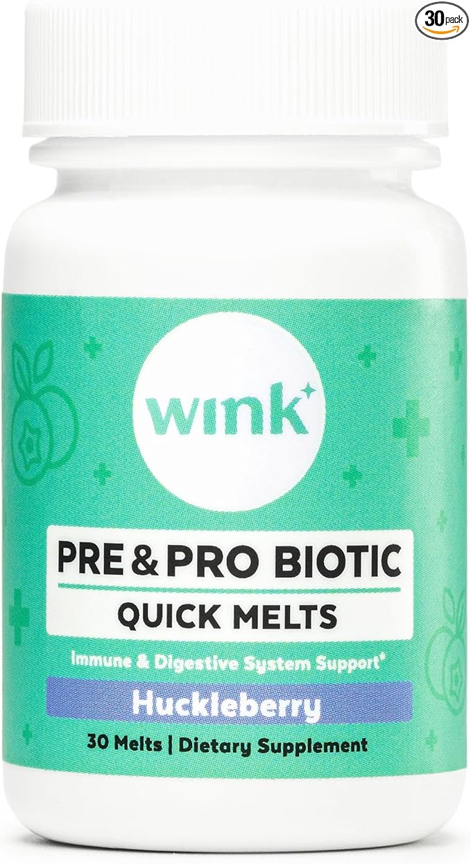 Wink Well Prebiotics and Probiotics Immune System Booster Dietary Supplement for Digestive Health Bloating Relief and Support- for Kids and Adults (Huckleberry Flavor 30 Melts)