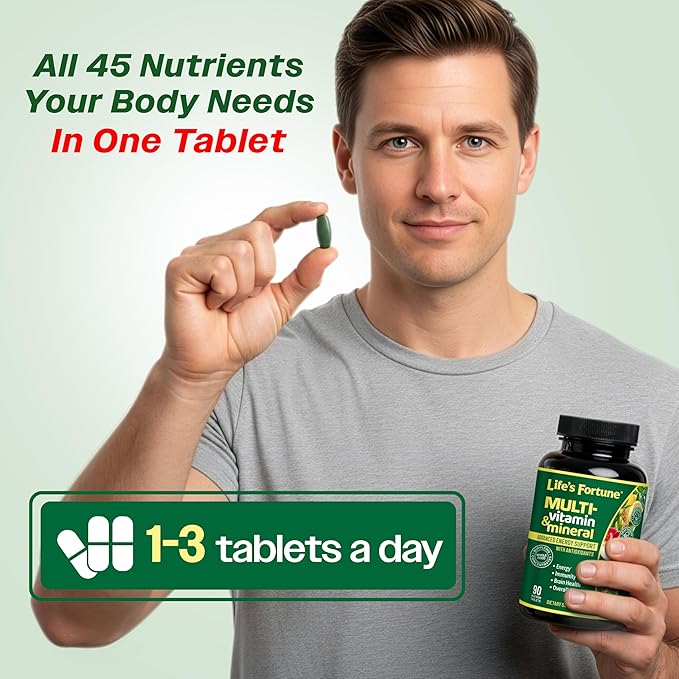 Life's Fortune Whole Food Multivitamin &amp Mineral Supplement for Men &amp Women – Energy Support Vitamins for Immune Brain &amp Metabolism Support – Iron Free 90 Vegetarian Tablets