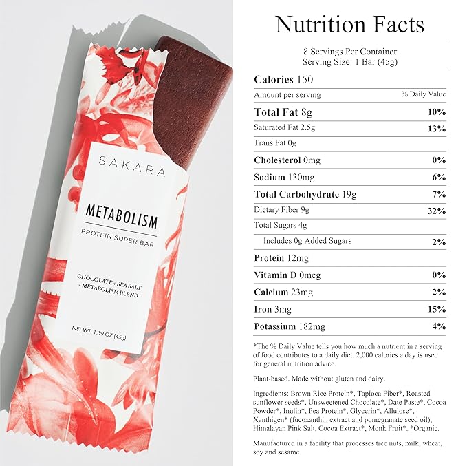 SAKARA Metabolism Super Bar – Healthy Nutritious Vegan Protein Bars Clean Ingredients Low Sugar Gluten-Free On-the-Go Snacks with 9g Fiber Sea Salt Chocolate 12g Plant-Based Protein