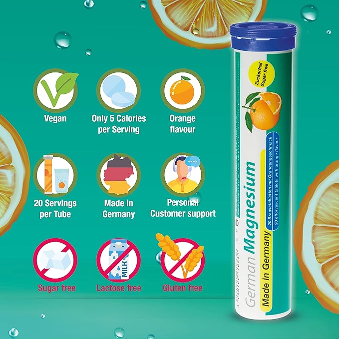 German Magnesium Oxide Supplement | Effervescent Tablets | Orange Flavor – 200 mg Magnesium per Serving | Sugar Free Vegan – T&ampD Pharma – Made in Germany