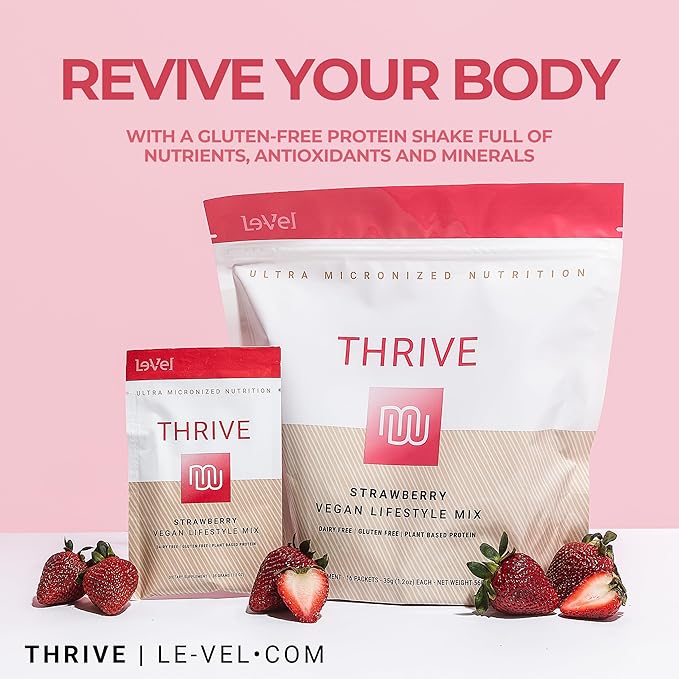 Le-Vel Thrive Vegan Protein Shake | 16 Packets 35g | Gluten-Free Plant-Based Protein with Probiotics Fiber &amp Enzymes | Supports Lean Muscle &amp Digestive Health (16 Packets (Pack of 1) Strawb