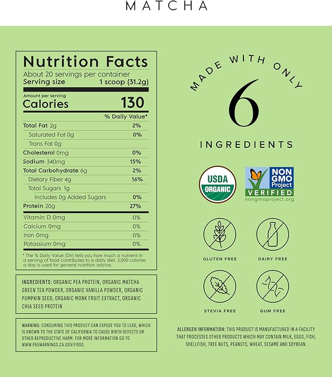 Truvani Vegan Pea Protein Powder | Matcha | 20g Organic Plant Based Protein | 20 Servings | Keto | Gluten &amp Dairy Free | Low Carb | No Added Sugar