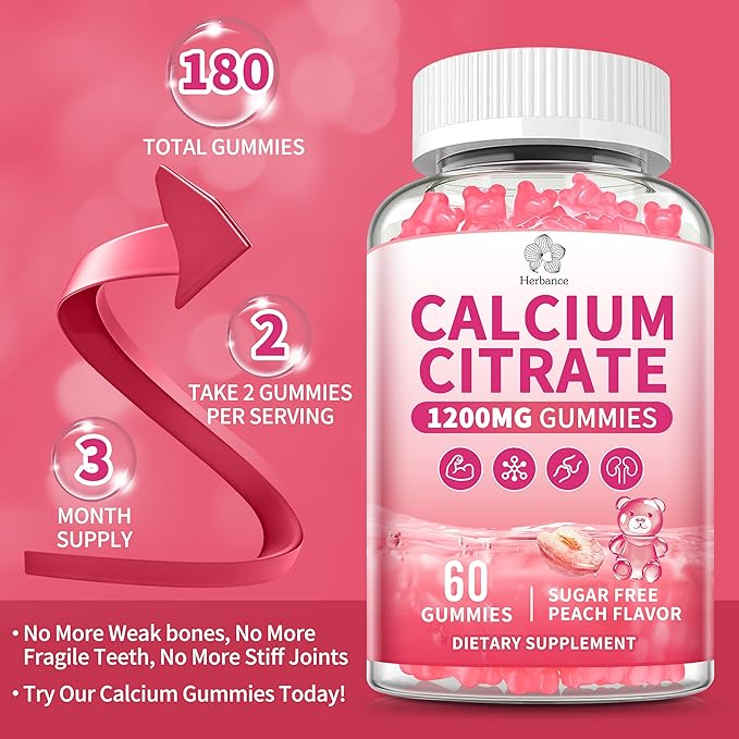 Calcium Citrate Gummies 1200 mg for Adults High Absorption Calcium Supplement for Women &amp Men Sugar Free Non-GMO Gluten Free Supports Muscle &amp Immune - Natural Peach Flavor