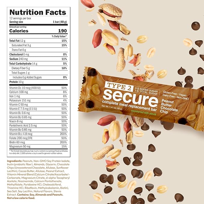 ANDREW LESSMAN Type 2 Secure Complete Meal Replacement Bars (Stevia) – Peanut Butter Chocolate Chip – 24 ct box – 10g Protein 0g Added Sugar 16 Essential Vitamins &amp Minerals Gluten-Free Vegan