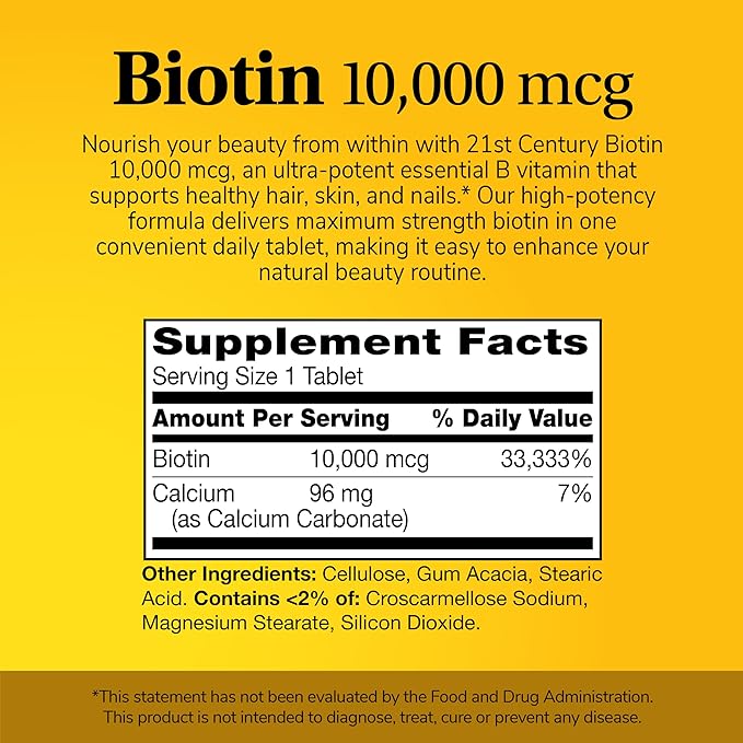 21st Century Biotin 10000 mcg Tablets (360 Count) High Potency Biotin Supplement Supports Hair Skin &amp Nail Health Gluten &amp Sugar-Free Daily Vitamin B7 Supplement Non-GMO