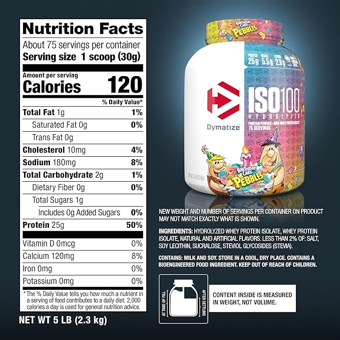 Dymatize ISO100 Whey Protein Powder Isolate Birthday Cake 25g of Protein 5 Pound 5.5g BCAAs Less Than 120 Cal. Gluten Free 1g Fat 1g Sugar 2g Carb (75 Servings)