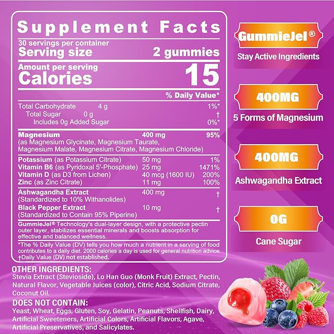 Sugar-Free Magnesium Gummies 400mg | 5-in-1 Complex Magnesium: Glycinate Citrate Malate Chloride &amp Taurate | with Ashwagandha Vitamin D3 &amp Zinc | Calm Mood &amp Energy Support | Vegan 2