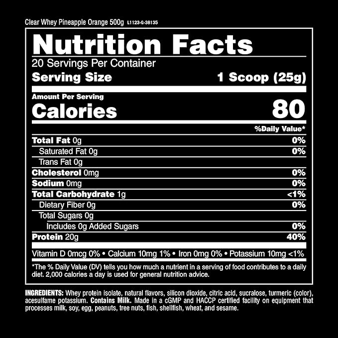 Clear Whey Isolate Protein Powder - Easy to Digest and Mix 5g BCAA Deliciously Juicy Refreshing Anytime Drink for Men and Women Pineapple Orange 500g (20 Servings)
