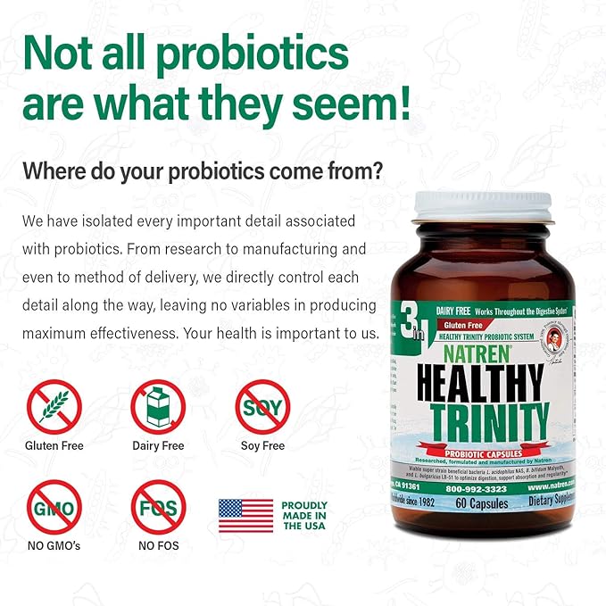 Natren Healthy Trinity Probiotics Supplement - 60 Dairy and Gluten Free Gel Capsules - Improve Gut and Digestive Health - 30 Billion CFU - Lactobacillus Acidophilus Bifidobacterium Bulgaricus