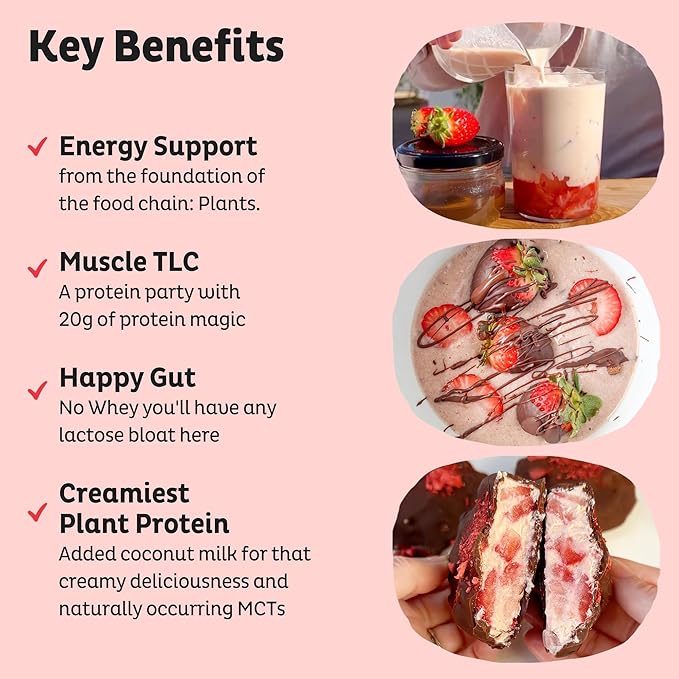 KOS Vegan Protein Powder Strawberries &amp Cream USDA Organic - Low Carb Pea Protein Blend Plant Based Superfood with Vitamins &amp Minerals Gluten Free - Meal Replacement for Women &amp Men - 2