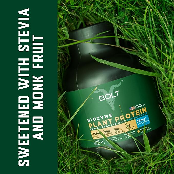 Bolt Biozyme Plant Protein | Vegan Protein with Superfood Phycocyanin and Ayurvedic Herbs | Complete Amino Acid Profile for Muscle Support and Recovery | 2Lb/32oz 26 Servings | Madagascar Vanilla
