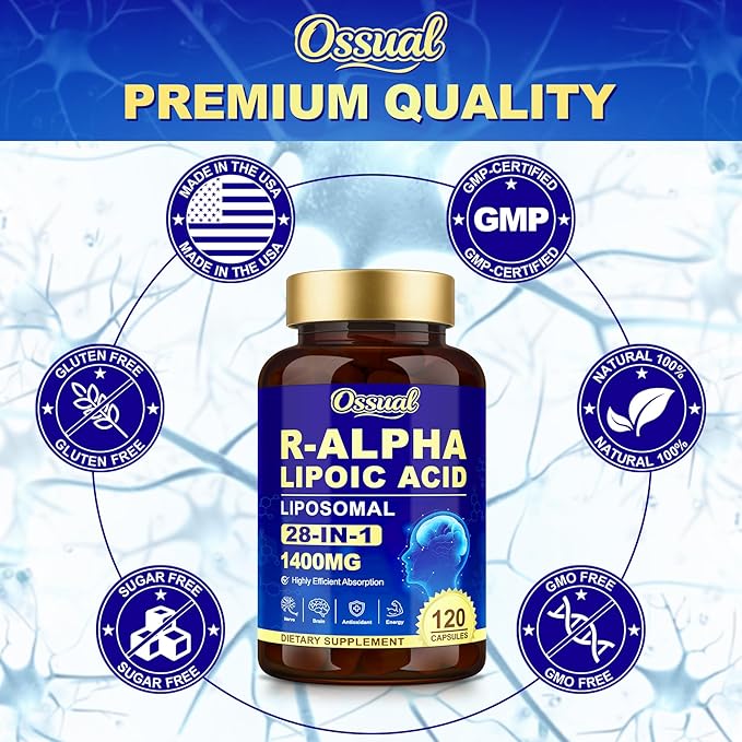 1400MG R Alpha Lipoic Acid 28-in-1 Stabilized ALA Supplements Neuropathy Supplements with L-Carnitine NAC &amp B-Complex R-ALA Supplement Antioxidant for Nerve Brain Energy丨Vegan 120 Capsules