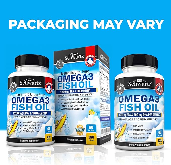 Triple Strength Omega 3 Fish Oil 3000mg - High Potency Omega 3 Supplement for Women and Men Burpless Lemon Flavor Fish Oil - 2250mg Essential Fatty Acids with DHA &amp EPA Wild Caught 180 Softgels