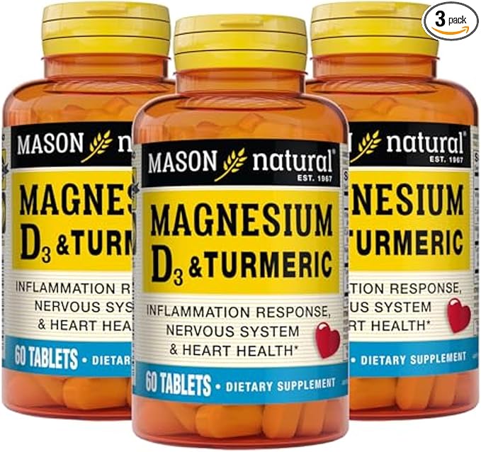MASON NATURAL Magnesium &amp Vitamin D3 with Turmeric 180Day Supply Dietary Supplement for Daily Wellness Support 60 Tablets (Pack of 3)