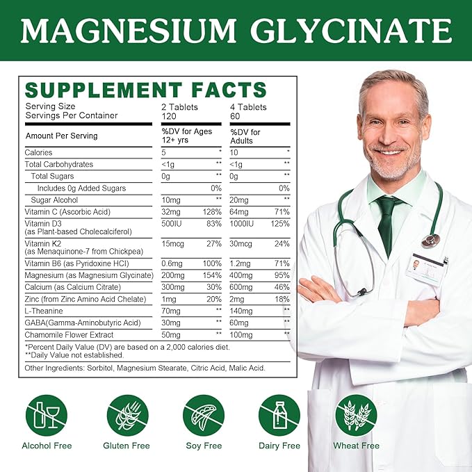 Magnesium Glycinate and L-Theanine Supplement - Relaxation &amp Cognition Support - 400mg Magnesium Supplement with L-Theanine GABA Chamomile B6 D3 &amp K2 for Adults &amp Teens Vegan - 240 Ta