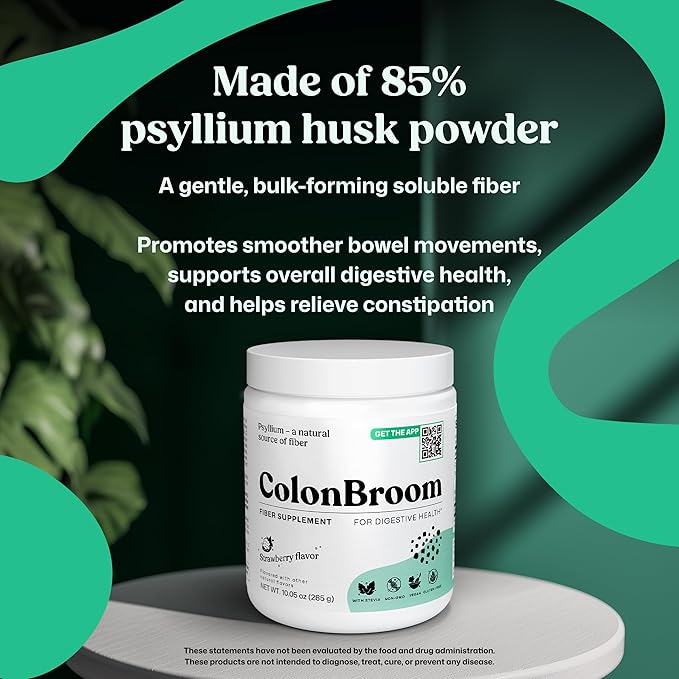 ColonBroom Psyllium Husk Powder (Strawberry) - Colon Cleanse for Bloating Relief &amp Gut Health - Colon Broom Fiber Powder Drink - Vegan Gluten Free Non-GMO Fiber Powder Supplement 50 Servings