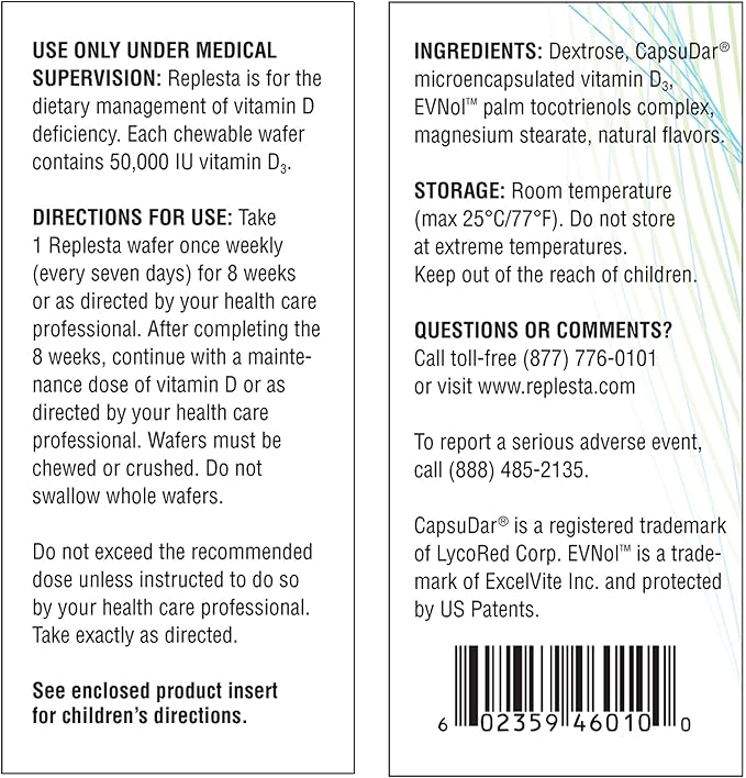 Replesta 50000 IU Vitamin D3 Cholecalciferol for Vitamin D Deficiency Once-Weekly Chewable Wafer Non-GMO Natural Orange Flavor 4 Pack (Pack of 2)
