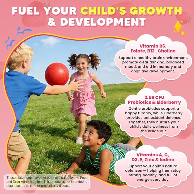 (2 Pack) Kids Methylated Multivitamin Gummies with Omega 3 Multivitamin for Kids 4+ w/L Methylfolate &amp B12 Calcium Probiotics Elderberry 16 Vitamins for Healthy Growth Immune Support Sugar