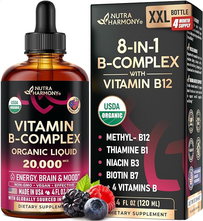 USDA Organic Vitamin B-Complex B5 Pantothenic Acid | B12 Methylcobalamin | B1 Thiamine | B6 Pyridoxine | B7 Biotin | B9 Folic | B3 Niacinamide - B Complex Liquid Drops Made in USA Supplement 4fl oz