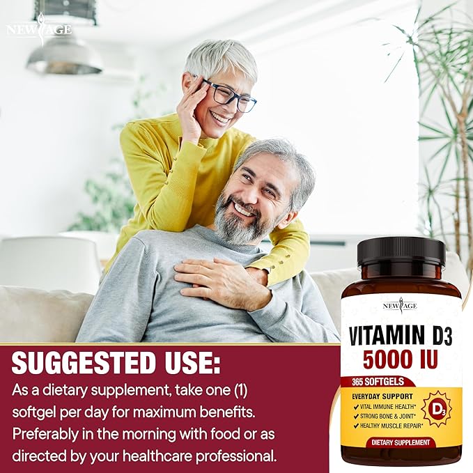 NEW AGE Vitamin D3 5000 IU 125mcg Softgels - Support Immune Support Strong Bone Health - Non-GMO Gluten-Free Dairy-Free1 Year Supply (360 Softgels (Pack of 1))