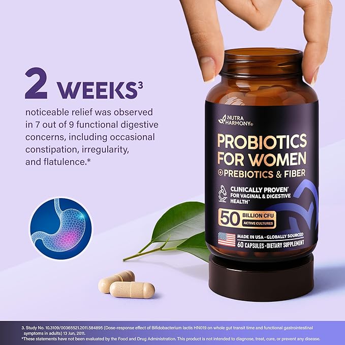 Probiotics for Women 50 Billion CFU - Vaginal Probiotics Clinically Proven for Yeast &amp pH Balance - Digestion &amp Bloating Relief - 8 Strains + Prebiotics - Delay Release - Made in USA 60 Capsu