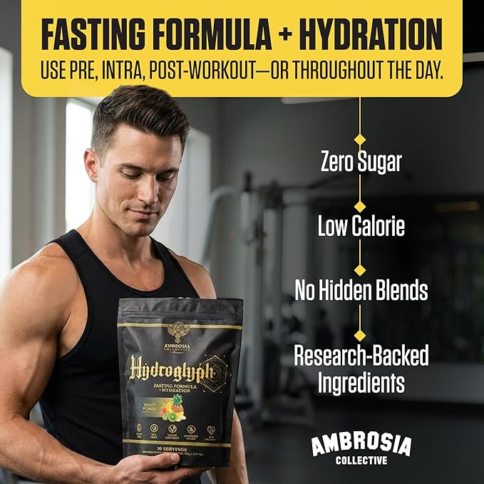 Ambrosia Hydroglyph Intraworkout Electrolytes Hydration Drink Mix | Sugar Free Electrolyte Powder with Amino Acids | Supports Lean Muscle During Fasting | 30 Servings | Fruit Punch