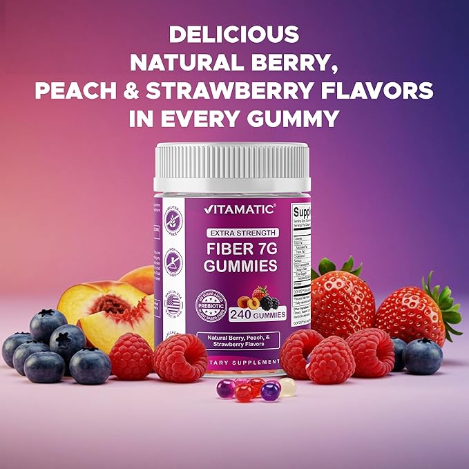 Vitamatic Prebiotic Fiber Gummies for Adults 7G Extra Strength Zero Sugar Added 240 Pectin Based Gummies Digestive Health &amp Regularity Support