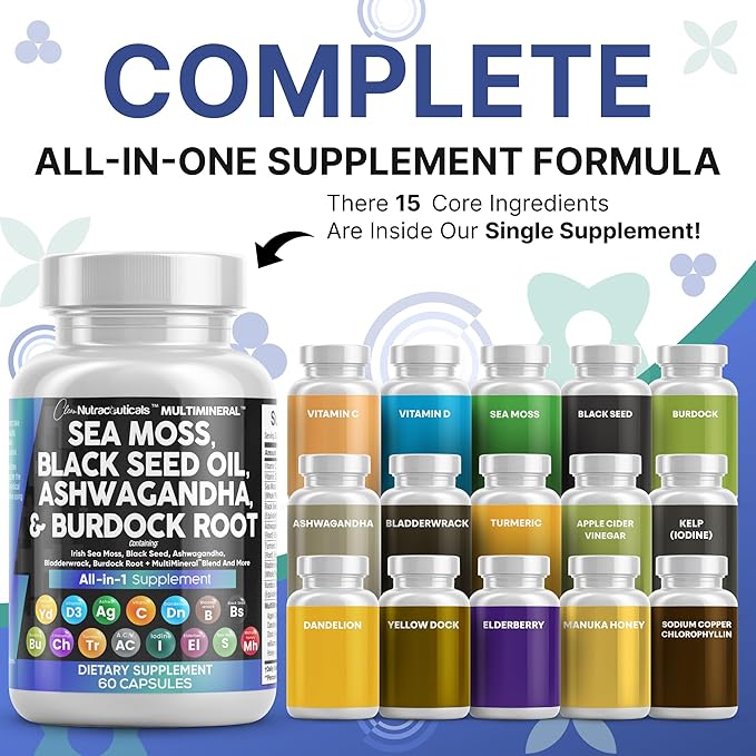 Clean Nutraceuticals Sea Moss Black Seed Oil Ashwagandha Turmeric Bladderwrack Burdock &amp Vitamin C Vitamin D3 with Elderberry Manuka Dandelion Yellow Dock Iodine Chlorophyll ACV - 2Pack