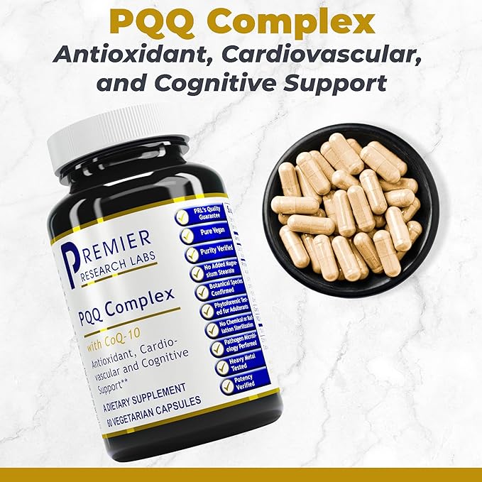 Premier Research Labs Premier PQQ Complex with CoQ10 - Coenzyme Q10 Co Q 10 Supplement with Pyrroloquinoline Quinone (PQQ) for Antioxidant Brain &amp Heart Support - 60 Vegetarian Capsules